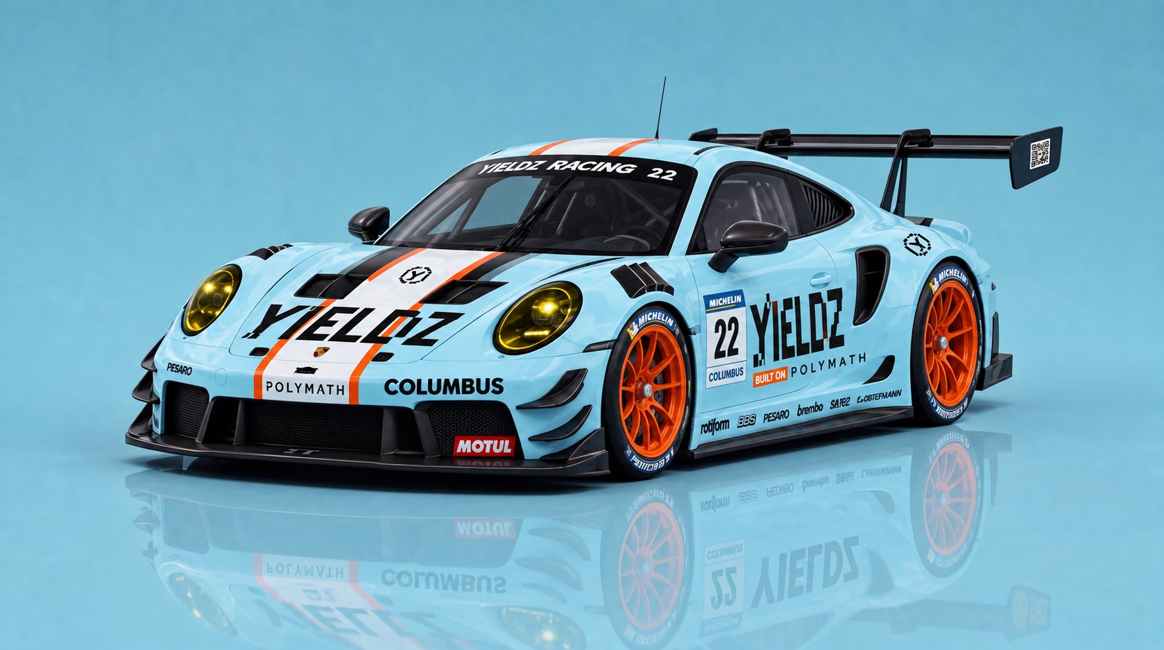 The Yieldz Motorsport number 22 Porsche in blue, orange and white livery (illustrative render)